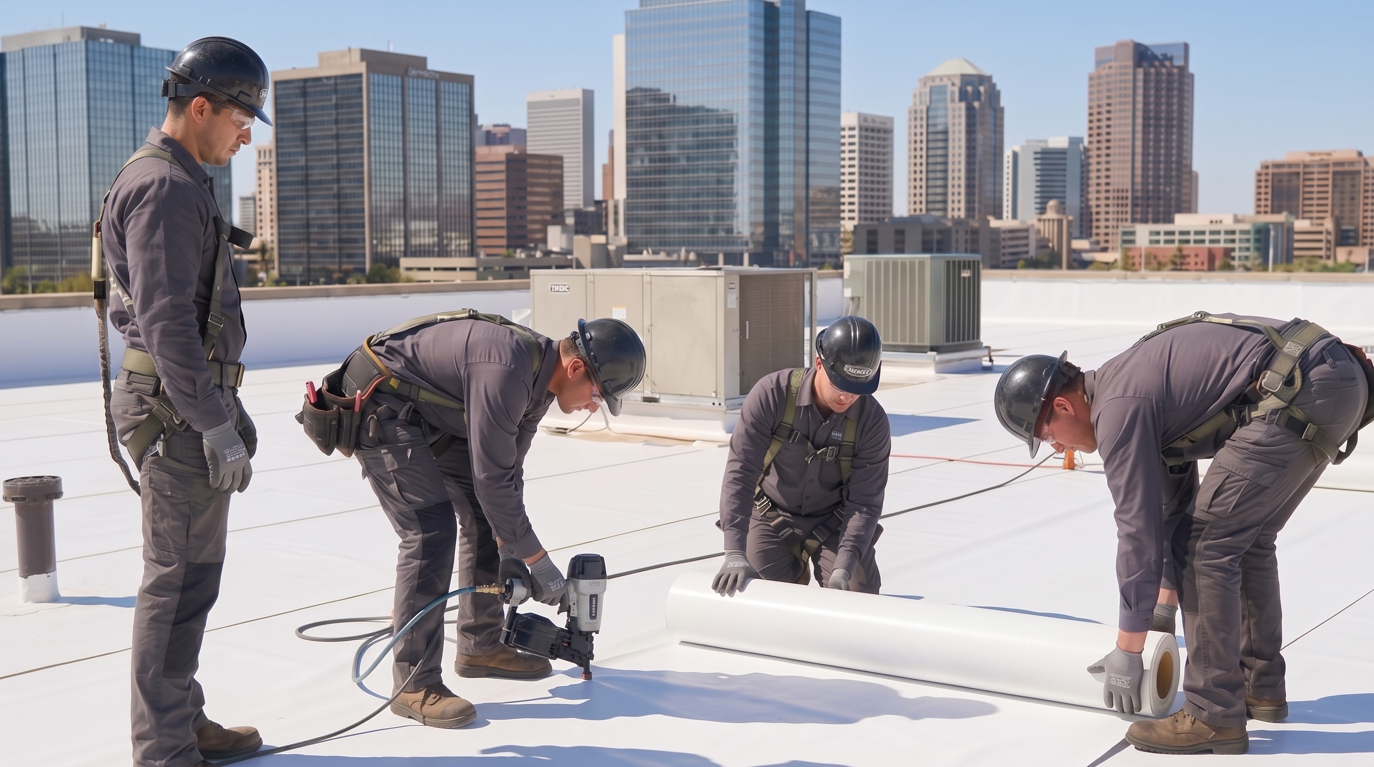 CDL Roofing crew in gray uniforms and safety harnesses installing white membrane on a flat commercial roof with the downtown Phoenix skyline behind