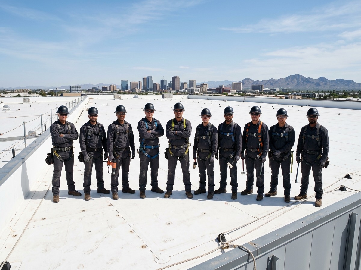 The CDL Roofing crew standing in a line on a commercial flat roof with the Phoenix skyline behind them